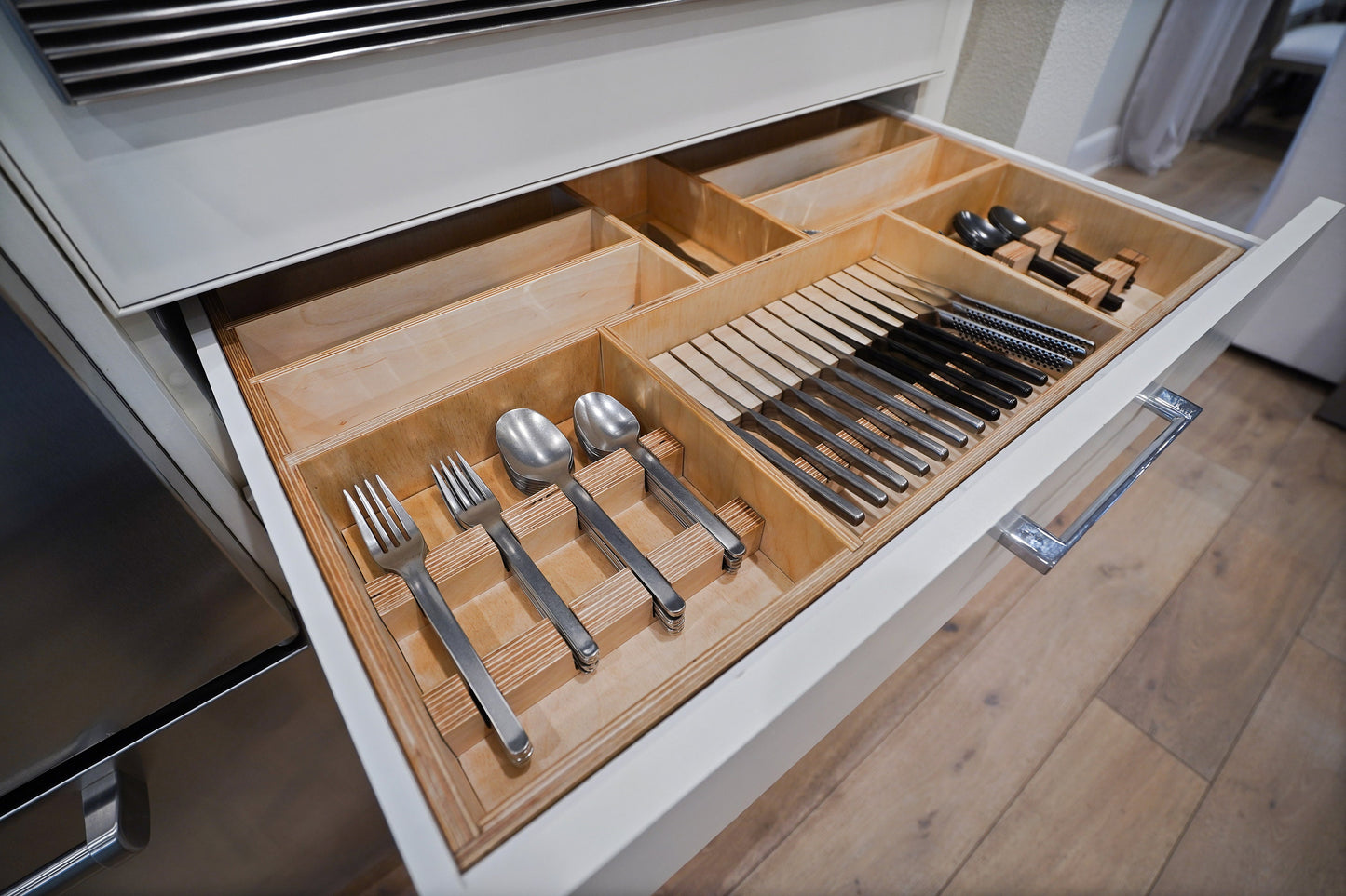 Custom Kitchen Drawer Organizer - Silverware, Utensil, and Flatware Holder - Custom Made from Solid Maple or Walnut